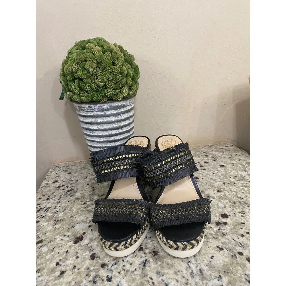 Vince Camuto Black Woven Wedge Sandals Tribal Fringe Studded Embellished Slip On